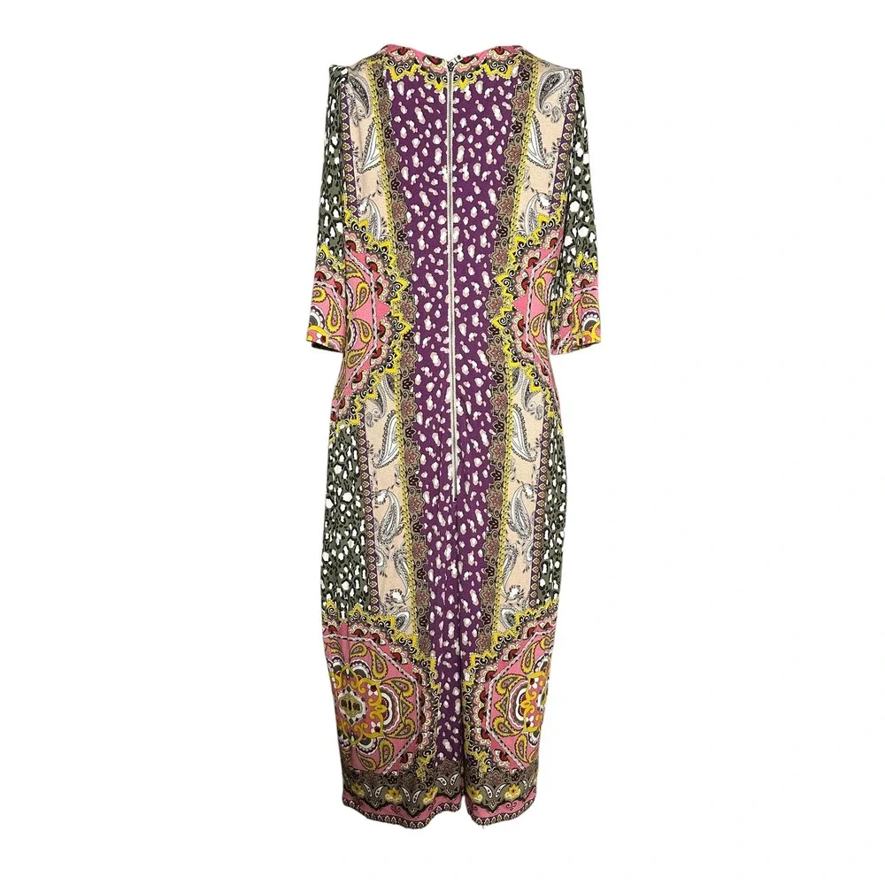 Women’s Fitted Multicolor Patterned Midi Dress - Pink/Purple